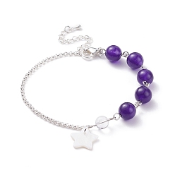Malaysia Jade Natural Malaysia Jade(Dyed) Beaded Bracelet with 304 Stainless Steel Rolo Chains, Shell Star Charm Bracelet for Women, Silver, 7-3/8 inch(18.8cm)