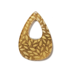 Gold Printed Acrylic Pendants, Teardrop with Flower, Gold, 43x27x2mm, Hole: 1.6mm