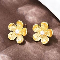 Настоящее золото 18K Серьги-гвоздики в виде цветка из латуни, с абс пластмассовой имитационной жемчужиной, стойки покрытие, долговечный, без кадмия и без свинца, реальный 18 k позолоченный, 21x21.5 мм