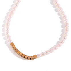 Золотой Натуральный пресноводный жемчуг рис и 304 ожерелья из кубических бусин из нержавеющей стали, туманная роза, золотые, 15.75 дюйм (40 см)