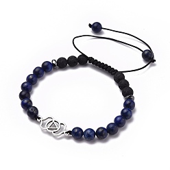 Ajna Chakra Jewelry, Adjustable Nylon Thread Braided Bead Bracelets, with Natural Lapis Lazuli(Dyed)  & Synthetic Lava Rock Beads, Non-Magnetic Synthetic Hematite Beads and Alloy Links, Ajna, Inner Diameter: 1-7/8~3-1/2 inch(4.8~9cm), Link: 21.5x9.5x1.3mm