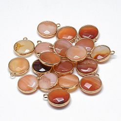 Red Agate Окрашенные натуральный красный агат подвески, с фурнитурой латунной золотого тона, граненые, плоско-круглые, 21x18x6 мм, отверстие : 2 мм