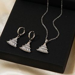 Платина Элегантные комплекты из латунных подвесок и серег с микропаве из прозрачных кубических цирконий для женщин, платина, ожерелья: 15.75 дюйм (40 см)