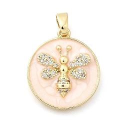 Белый Навахо Латунные микро проложить кубического циркония подвески, Эмаль стиле, плоский круглый с пчелами, реальный 18 k позолоченный, навахо белый, 19x17x3 мм, отверстие : 4x3 мм