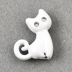 Weiß Legierung Emaille-Perlen, mit Strass, Katzenformen, weiß, 19.5x15x6.5 mm, Bohrung: 1.8 mm