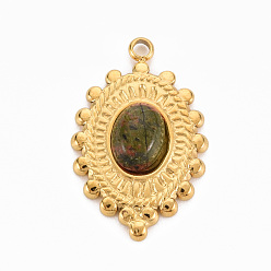 Коричневый 304 подвески из нержавеющей стали, с рубиновым цоизитом, овальные, кофе, 23.5x15x4~5 мм, отверстие : 1.8 мм