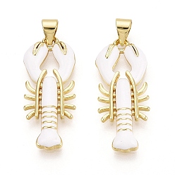 Белый Латунь эмаль подвески, креветки прелести, золотые, белые, 27x11x3 мм, отверстие : 5x3.5 мм