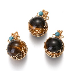 Тигровый глаз Подвески из натурального тигрового глаза и бирюзы, с фурнитурой позолоченной латунной, круглые, 26.5~28x17~17.5x16.5 мм, отверстие : 3~5 мм