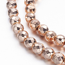 Rose Gold Plated Electroplate Non-magnetic Synthetic Hematite Beads Strands, Faceted(64 Facets), Round, Rose Gold Plated, 6mm, Hole: 1.1mm, about 72pcs/strand, 15.7 inch