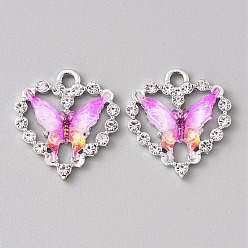 Темно-Розовый Платинового сплава горный хрусталь подвески, cmолой, сердце с подвесками в виде бабочек, темно-розовыми, 22x20x4~4.5 мм, отверстие : 2.5 мм