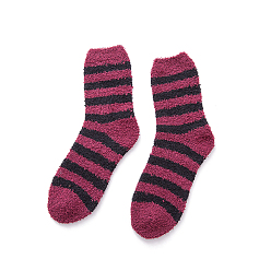 Cerise Stripe Pattern Polyester Faux Fur Knitting Socks, Winter Warm Thermal Socks, Cerise, 250x70mm