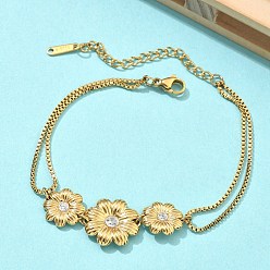 Золотой 304 Браслеты из нержавеющей стали с микропаве из прозрачных кубических цирконий в виде звеньев., Двухслойные браслеты из шариковой цепочки для женщин, золотые, 6.97 дюйм (17.7 см)