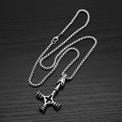 Antique Silver Vintage 304 Stainless Steel Viking Wolf Cross Hammer Pendant Necklaces for Men, Antique Silver, 23.62 inch(60cm)