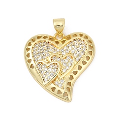 Настоящее золото 18K Латунные микро проложить кубического циркония подвески, сердце, без свинца и без кадмия, долговечный, стойки покрытие, реальный 18 k позолоченный, 23.5x22.5x5 мм, отверстие : 5x3.5 мм