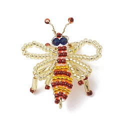 Or Pendentifs tissés en perles de rocaille faites à la main, avec des anneaux de saut, charmes d'abeilles, or, 35x32x3mm, Trou: 3mm