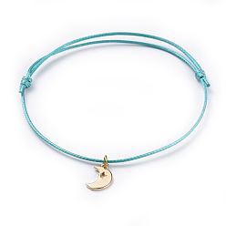 Cyan Cord Bracelets, with Eco-Friendly Korean Waxed Polyester Cord and Brass Charms, Moon, Golden, Cyan, 2-1/2 inch~3-3/8 inch(6.5~8.6cm)