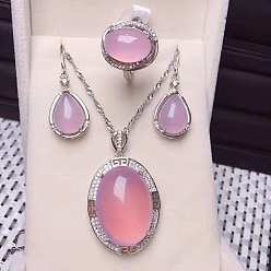 Pink 925 ожерелья, серьги и кольца из стерлингового серебра с микропаве из прозрачных кубических цирконий и натуральным халцедоном, платина, овальные, розовые, 400 мм