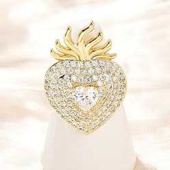 Настоящее золото 18K Латунные кольца из манжеты с прозрачным цирконием, без кадмия и без свинца, сердце, реальный 18 k позолоченный, 32.5x23.5 мм