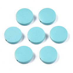 Светло-Голубой Расписные бусины из натурального тополя, плоско-круглые, Небесно-голубой, 15x4.5 мм, отверстие : 1.2 мм