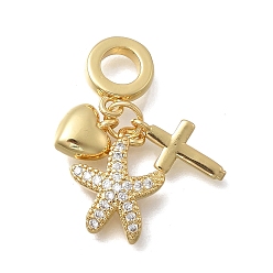 Морская звезда Латунь микропаве прозрачный кубический цирконий европейские подвески с подвесками, подвески в форме креста и сердца с большим отверстием, без кадмия и без свинца, долговечный, стойки покрытие, реальный 18 k позолоченный, морская звезда, 28.5 мм, отверстие : 5.5 мм