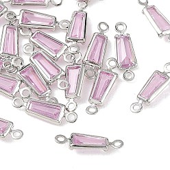 Pink SHEGRACE Brass Pave Cubic Zirconia Trapezoid Connector Charms, Cadmium Free & Nickel Free & Lead Free, Long-Lasting Plated, Real Platinum Plated, Pink, 12x4x2mm, Hole: 1mm