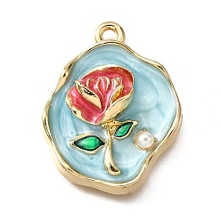 Светло-голубой Подвески из эмали и сплава, с ABS имитации жемчуга, овальные с цветком, стойки покрытие, долговечный, без свинца, без кадмии и без никеля, золотые, светло-голубой, 25x19.5x6 мм, отверстие : 1.8 мм