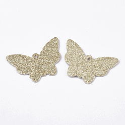 Verge D'or Pendentifs en cuir pu, avec poudre scintillante double face, papillon, verge d'or, 32.5x48x1.5~2mm, Trou: 2.5mm