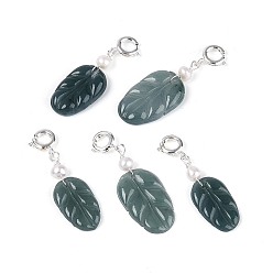 Бирманский Нефрит Подвески из натурального бирманского нефрита и натурального жемчуга., лист, 23~26x9.5~12x3.5~4 мм, отверстие : 3 мм, застежка : 9~9.5x7x3 mm