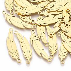 Золотой 201 соединительные звенья нержавеющие, лазерная резка, перо, золотые, 28.5x7.5x1 мм, отверстие : 1.8 мм