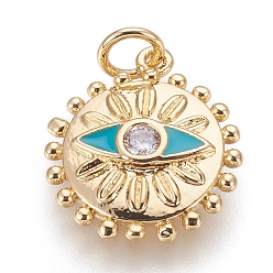 Золотой Латунные подвески, с эмалью и фианитами, плоские круглые с глаз, прозрачные, золотые, 17x15x3 мм, отверстие : 3.5 мм