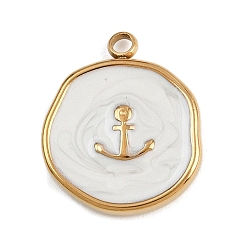 Белый 304 нержавеющей стальной эмали подвески, ионное покрытие (ip), золотые, плоские круглые с якорем, белые, 18x15.5x3 мм, отверстие : 1.8 мм