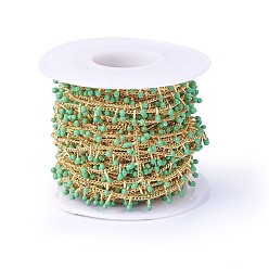 Средний Аквамарин Ручной цепи эмаль бисера, с латунной обуздать цепей, пайки, с катушкой, долговечный, реальный 18 k позолоченный, средний аквамарин, 5.5x1.5~2 мм, около 32.8 футов (10 м) / рулон