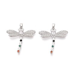 Платина Латунные микро-паве красочные кубические циркониевые подвески, стрекоза прелести, платина, 28x28x4.5 мм, отверстие : 4.5x2 мм