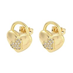 Heart Brass Micro Pave Cubic Zirconia Ear Studs, Real 18K Gold Plated, Heart, 15x12mm