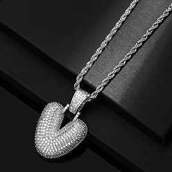 Letter V Латунные микропаве прозрачные кубические цирконии массивные инициальные подвески ожерелья, платина, Буква V, 19.69 дюйм (50 см)