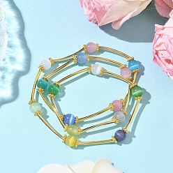 Разноцветный Многорядные браслеты из круглых бусин кошачий глаз для женщин, с латунной бисера, красочный, внутренний диаметр: 2 дюйм (5.2 см)