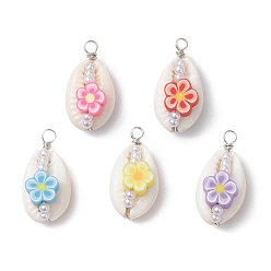 Цветок Подвески из натуральной ракушки каури и полимерной глины ручной работы, обмотанные медной проволокой, с абс пластмассовой имитационной жемчужиной, платина, разноцветные, цветок, 27x14x12.5 мм, отверстие : 2.5 мм