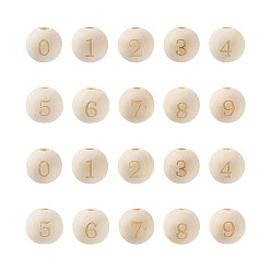 Mixed 100Pcs 10 Styles Unfinished Natural Wood European Beads, Large Hole Beads, Laser Engraved Pattern, Round with Number, Mixed, 15~16x14~15mm, Hole: 4mm, 10pcs/style