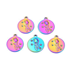 Rainbow Color Покрытие стойки цвета радуги 201 оправа со стразами из нержавеющей стали, плоские круглые с цветком, пригодный для стразов 1 мм, 21.5x18.5x2.5 мм, отверстие : 2 мм