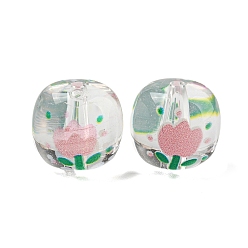 Прозрачный Прозрачные акриловые шарики печатных, круглая с цветком, прозрачные, 12x11 мм, отверстие : 2 мм