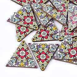 Coloré Pendentifs en tilleul imprimé, retour couleur aléatoire, triangle, colorées, 32x34x3mm, Trou: 1.5mm