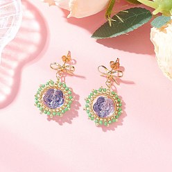 Королевский синий Серьги-гвоздики с подвесками из цветочного стекла, с цилиндрическим бисером и стеклянным бисером, золотые, королевский синий, 38x24 мм