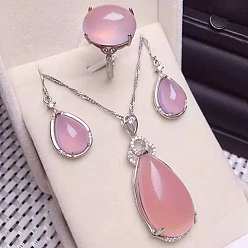 Pink 925 ожерелья, серьги и кольца из стерлингового серебра с микропаве из прозрачных кубических цирконий и натуральным халцедоном, платина, слеза, розовые, 400 мм