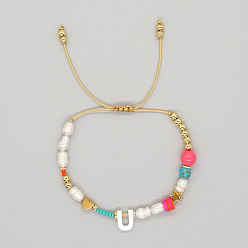 Letter U Initial Letter Natural Pearl Braided Bead Bracelet, Adjustable Bracelet, Letter U, 11 inch(28cm)