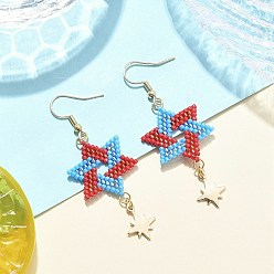 Золотой Стеклянные бусины гексаграмма серьги-подвески, с 304 кольцами из нержавеющей стали и 304 крючками для сережек из нержавеющей стали и латунным шармом, золотые, 62x23.5 мм