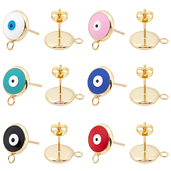 Mixed Color 6Pairs 6 Color Eco-Friendly Brass Enamel Stud Earring Findings, with 12Pcs Brass Ear Nuts, Flat Round with Eviel Eye with Loop, Mixed Color, 13x10, Pin: 0.7mm, 1pair/color