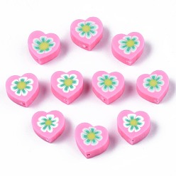Pearl Pink Handmade Polymer Clay Beads, Heart with Flower Pattern, Pearl Pink, 9x9~10x4~5mm, Hole: 1.5mm