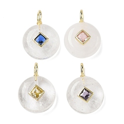 Хрусталь Природного кварца хрустальных подвесок, Плоские круглые подвески из горного хрусталя с латунной микропаве из кубических цирконий разных цветов, золотые, 22x16x6.5~8 мм, отверстие : 2.5x4 мм