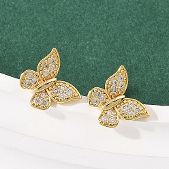 Бабочка Серьги-гвоздики из латунного микро-паве, стойки покрытие, долговечный, без кадмия и без свинца, реальный 18 k позолоченный, бабочка, 10.5x12.5 мм