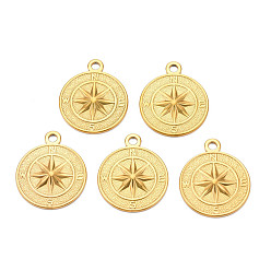 Real 18K Gold Plated Ion Plating(IP) 304 Stainless Steel Pendants, Flat Round with Compass, Nickel Free, Real 18K Gold Plated, 30x25.5x3mm, Hole: 3mm